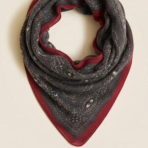 Handmade Cashmere Neck Scarf – Charcoal Paisley with Crimson Red Border -